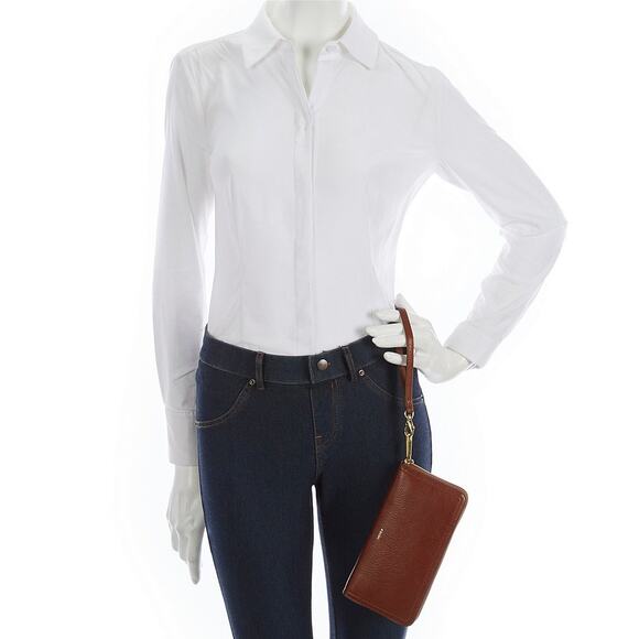 Fossil Logan Brown Leather RFID Zip Around Clutch With Detachable Wrist Strap - Picture 2 of 11